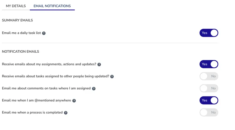 Screenshot of legacy email notifications settings showing checkboxes for different notification types