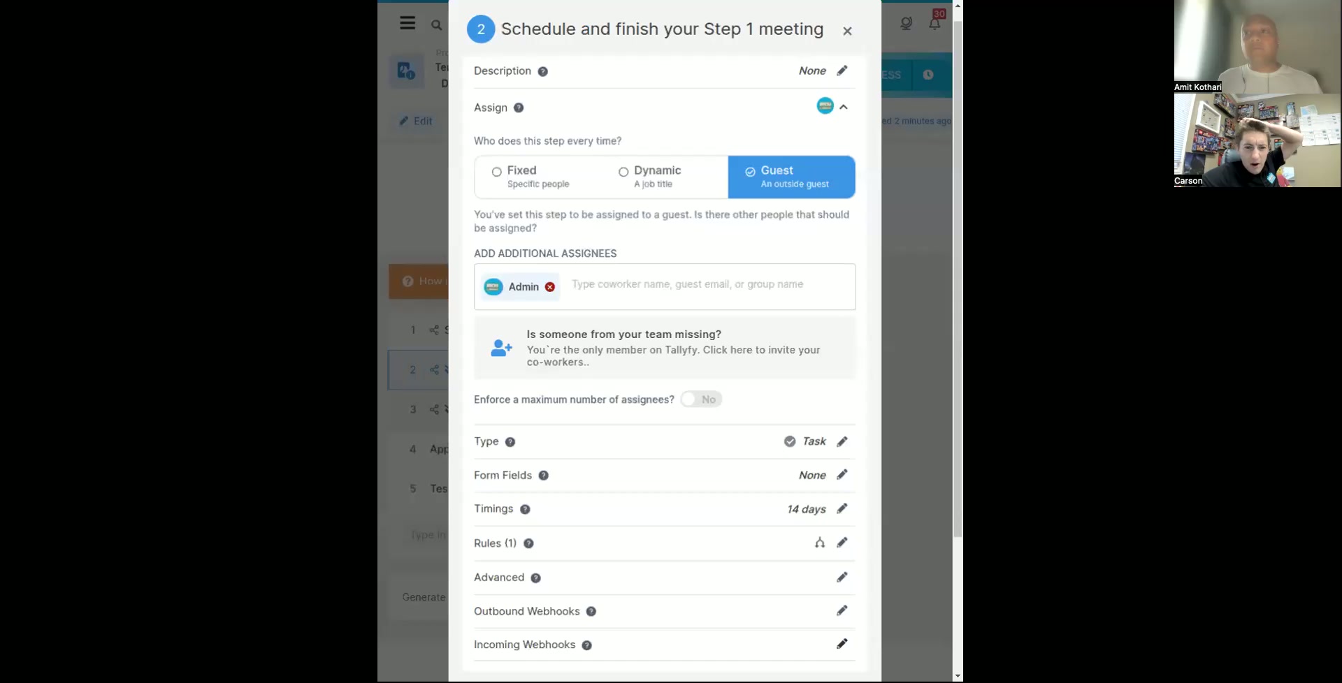 Tallyfy task editor showing franchise candidate step with guest assignment and webhook integration
