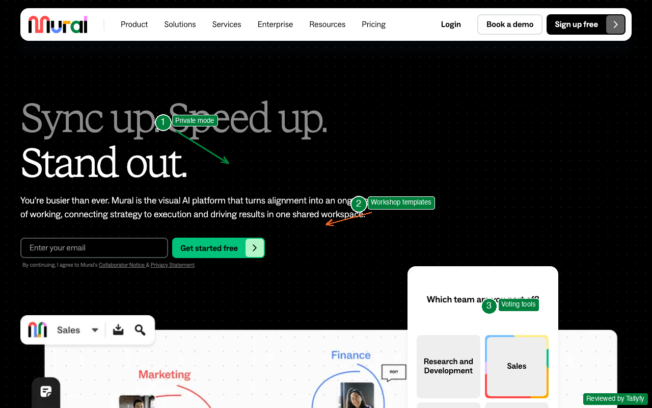 Mural workshop platform showing private brainstorming mode, workshop templates, and voting tools with Tallyfy review annotations
