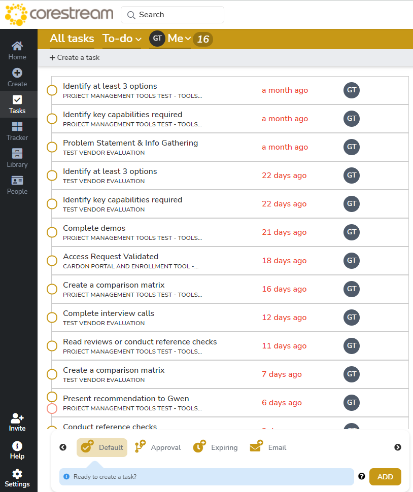 Tallyfy task list view showing workflow assignments and status at Corestream