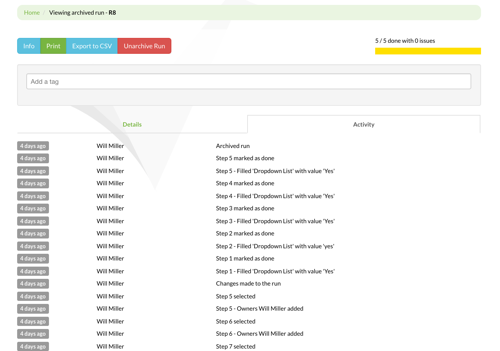 Screenshot of Tallyfy V1 activity tab showing a list of events with timestamps and user actions in a process run