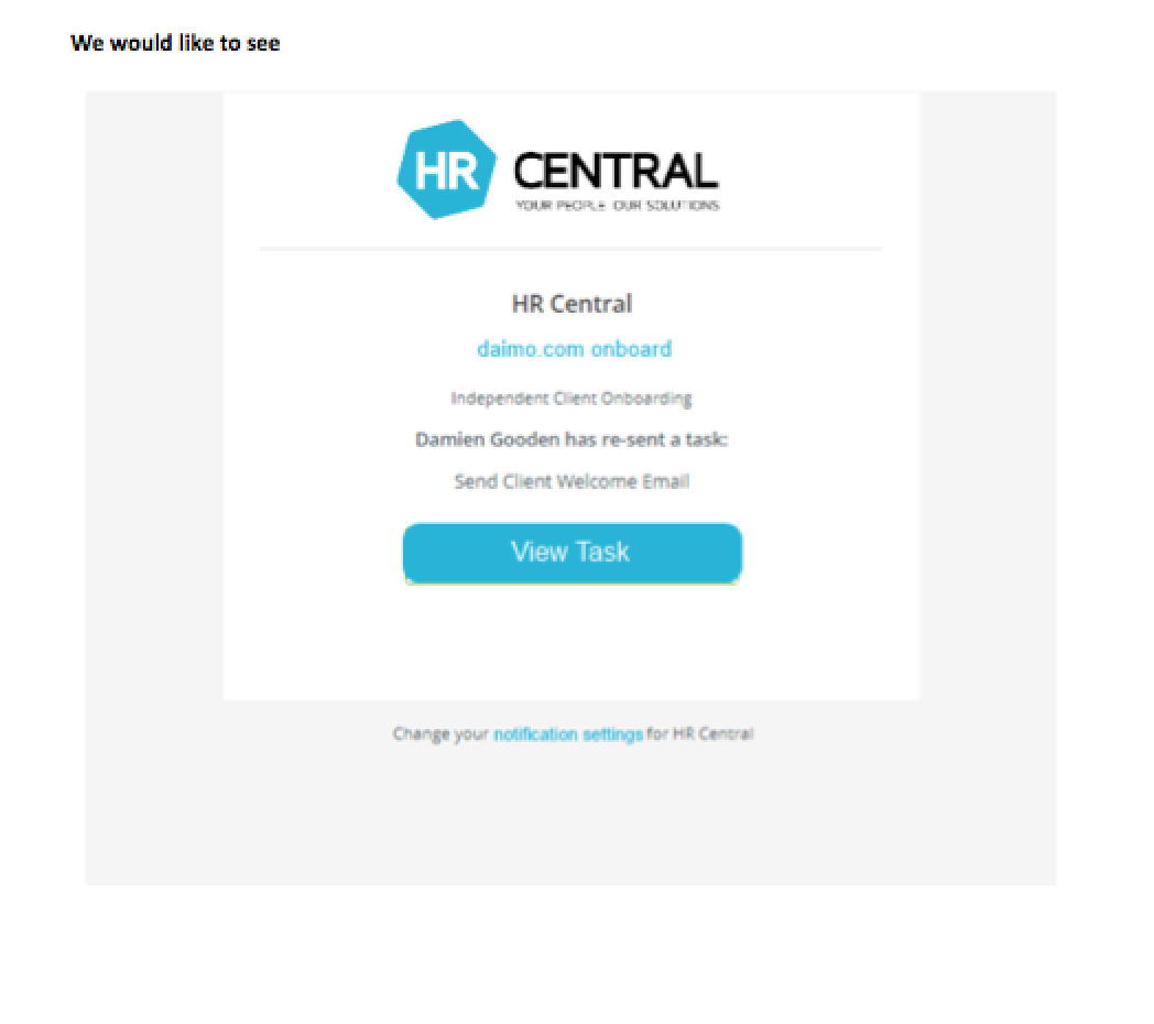 Mockup of branded guest email with HR Central logo and custom blue color