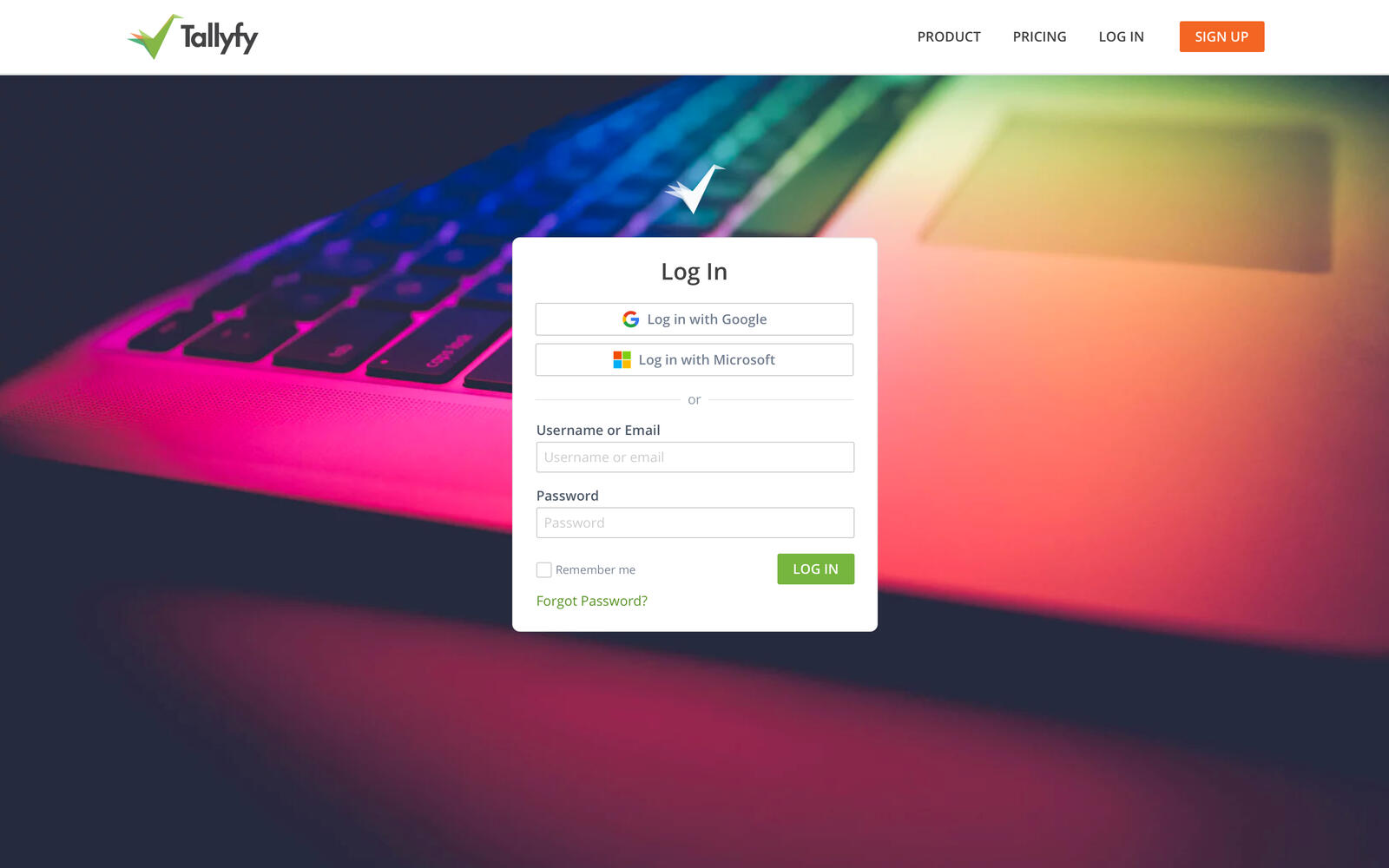 Tallyfy login page mockup showing Google and Microsoft OAuth options alongside traditional email and password fields