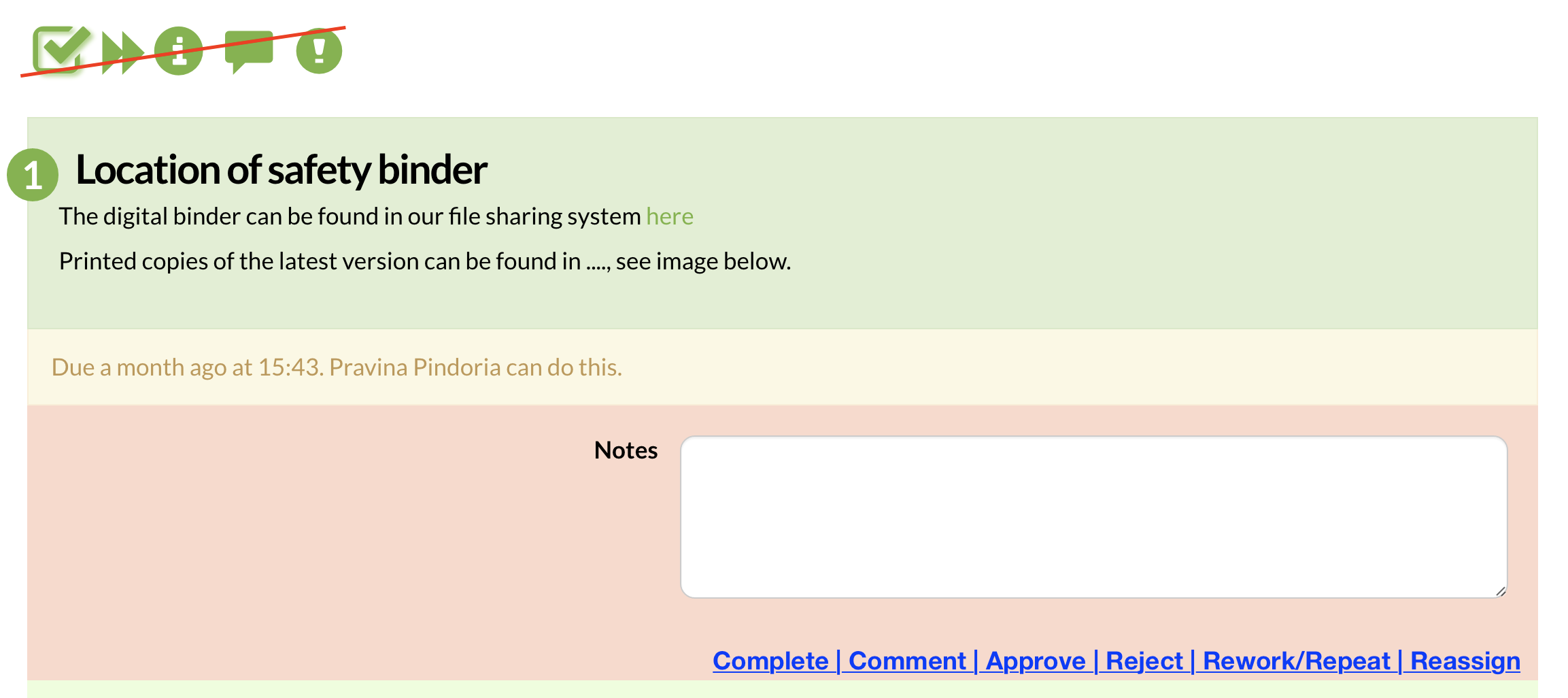 Proposed UI showing Complete, Comment, Approve, Reject, Rework/Repeat buttons