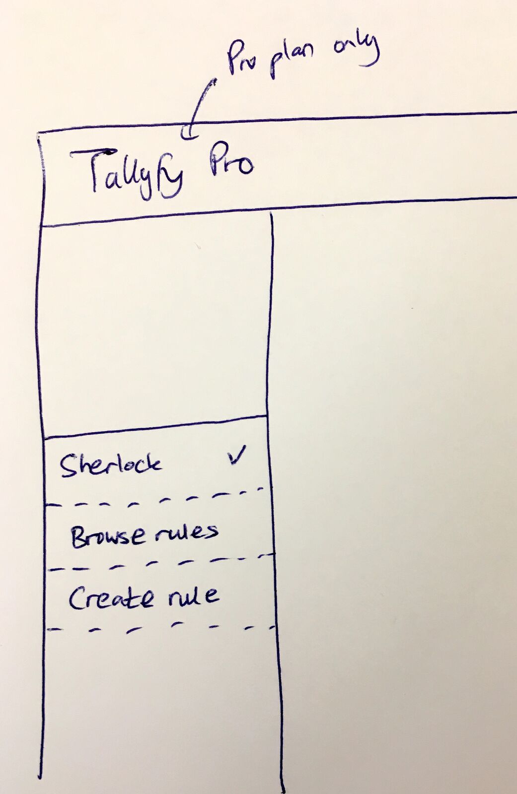 Hand-drawn sketch showing Sherlock in the sidebar with Browse rules and Create rule options