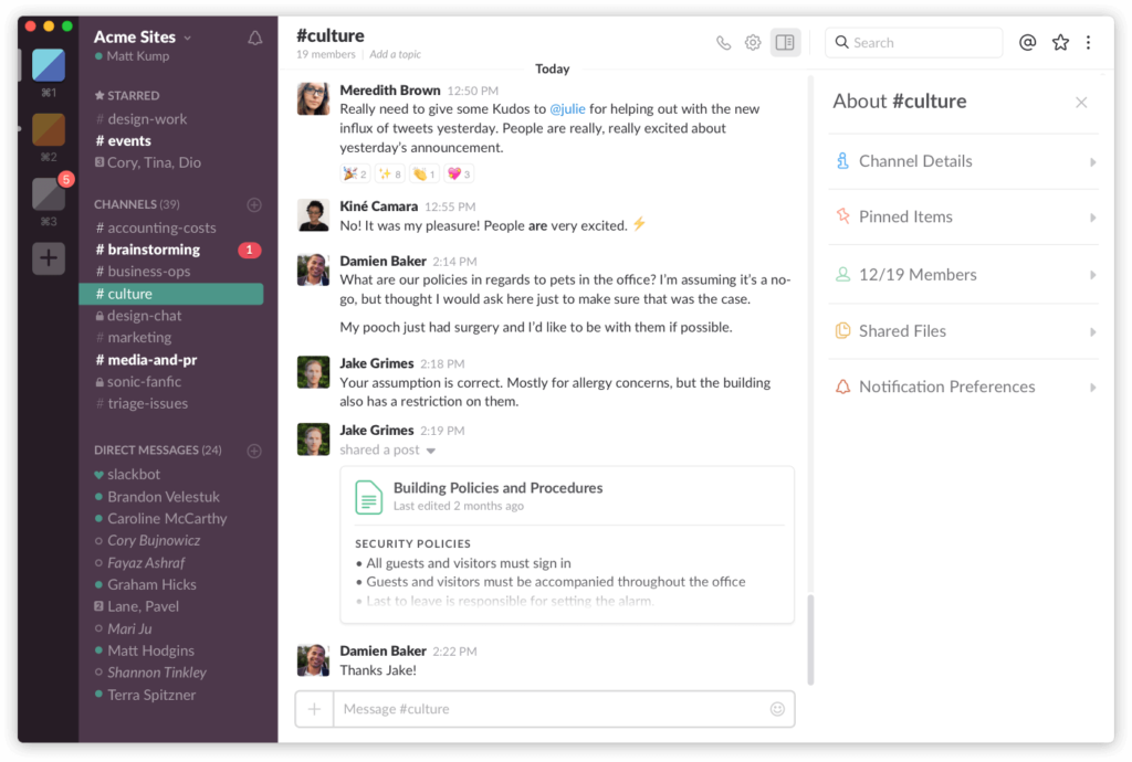 Slack team communication interface displaying #culture channel conversation about office pet policies with shared document and member sidebar