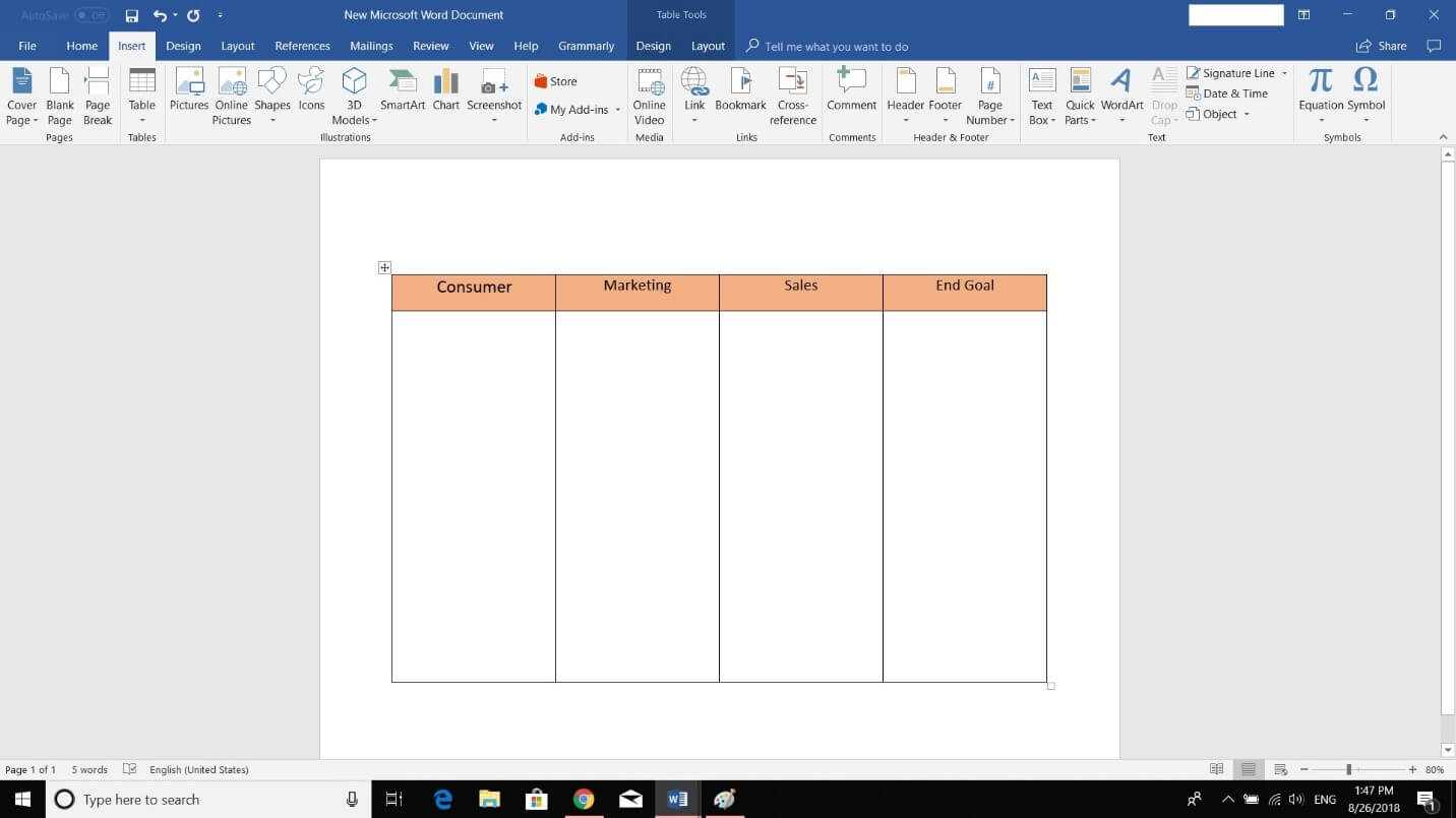 Microsoft Word table template with four columns labeled Consumer, Marketing, Sales, and End Goal with orange headers