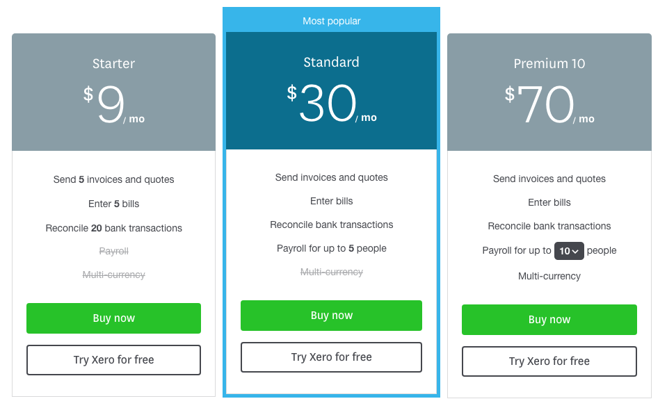 xero pricing screenshot