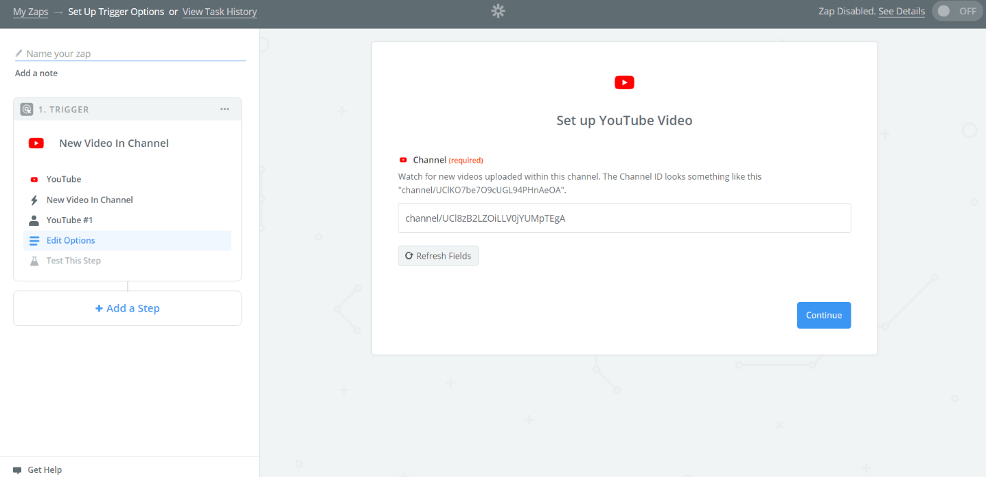 what is zapier - adding a youtube channel