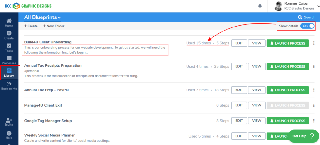 RCC Graphic Designs blueprint library showing multiple client onboarding and tax preparation workflows