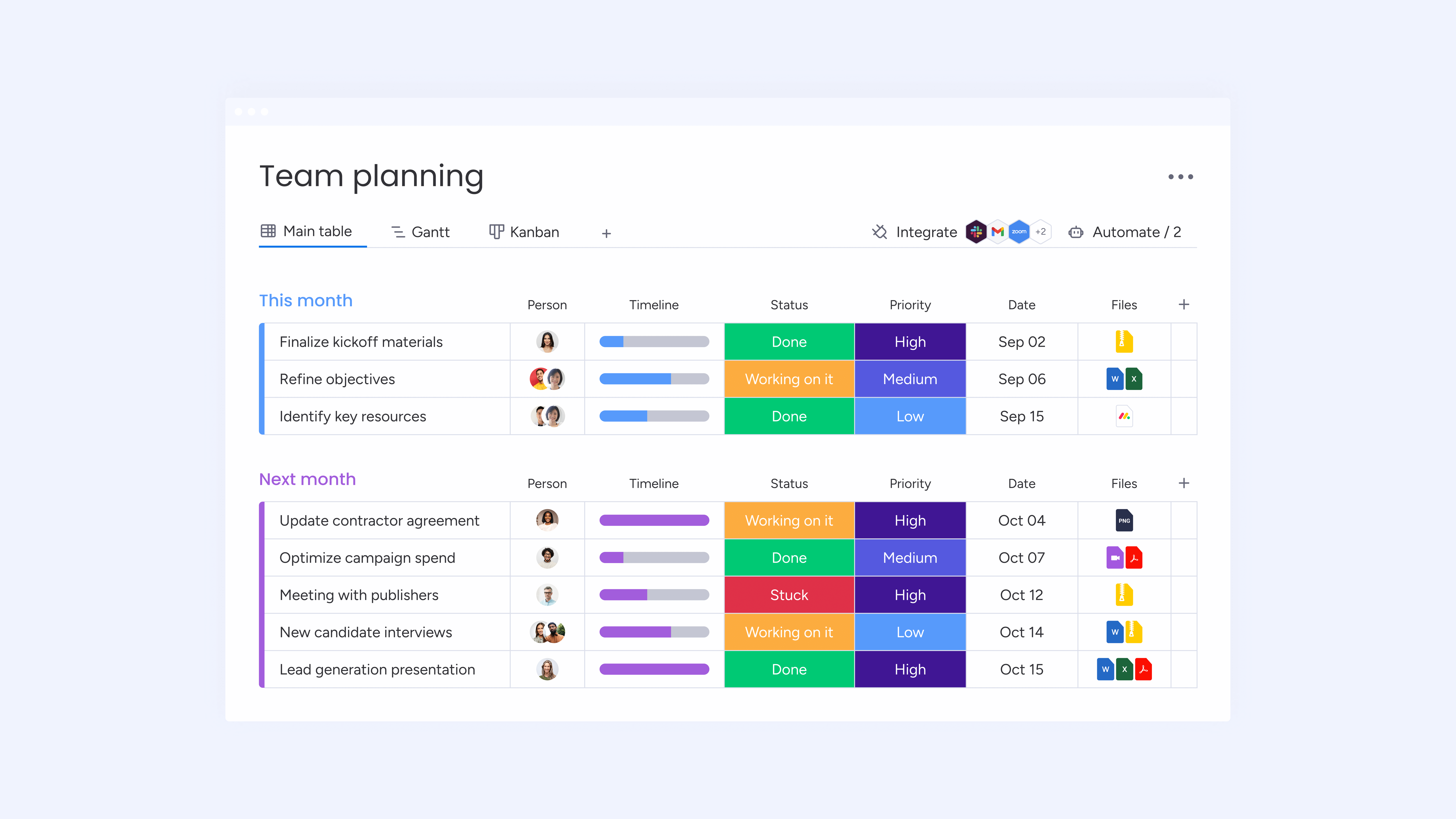 Monday.com colorful board interface showing multiple projects with timeline views and status columns
